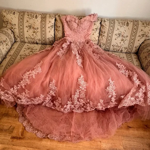 Amazon Dusty Rose Lace Tulle Ball Gown Dress with Bow - Picture 2 of 7